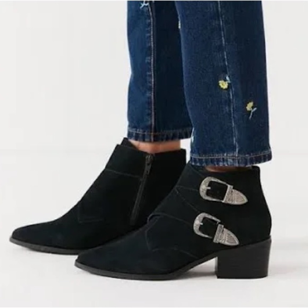 UO wrapped suede buckle western pointed toe boot featuring